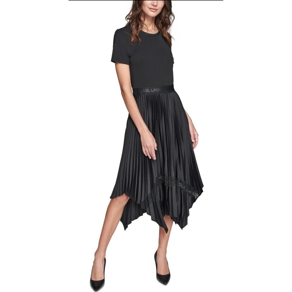 Karl Lagerfeld Black Pleated Asymmetric Hem Midi Skirt W Lace Panel M NWT